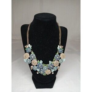 Betsey Johnson Blue Skull Roses Rhinestone Cluster Statement Necklace Gold Tone
